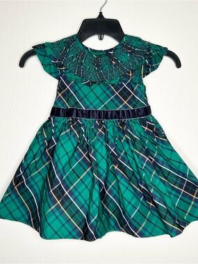 Janie and Jack Green and Navy Plaid Smocked Holiday Dress